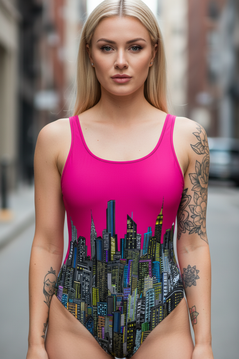 Woman wearing a pink swimsuit with cityscape Loria NYC Art design on an urban street