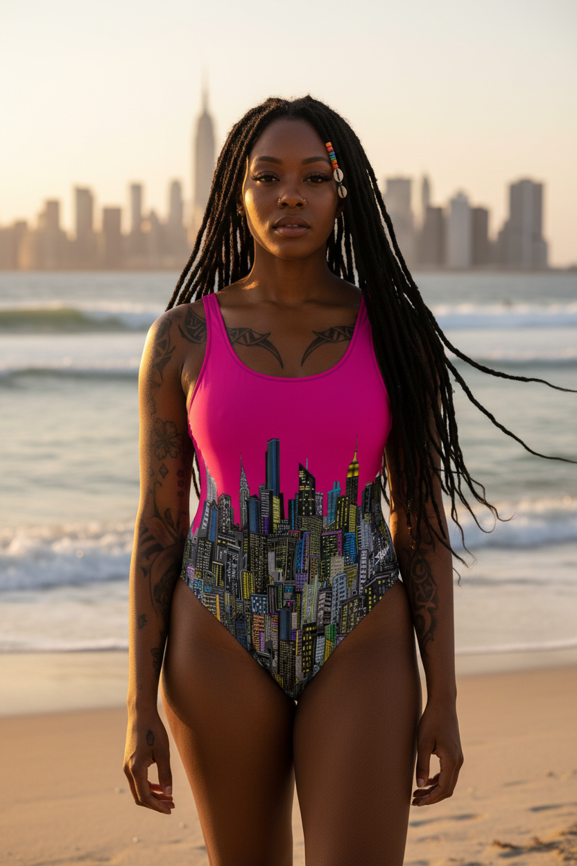 Woman in a colorful Loria NYC Art swimsuit standing on a beach with a city skyline in the background