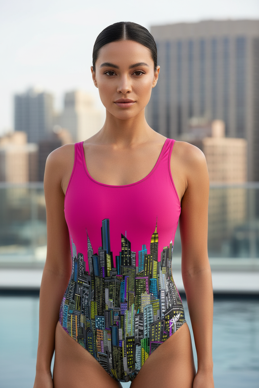 Woman wearing a pink Loria NYC Art swimsuit with cityscape design against a city skyline.