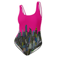 One-piece swimsuit with cityscape Loria NYC Art design on a pink background