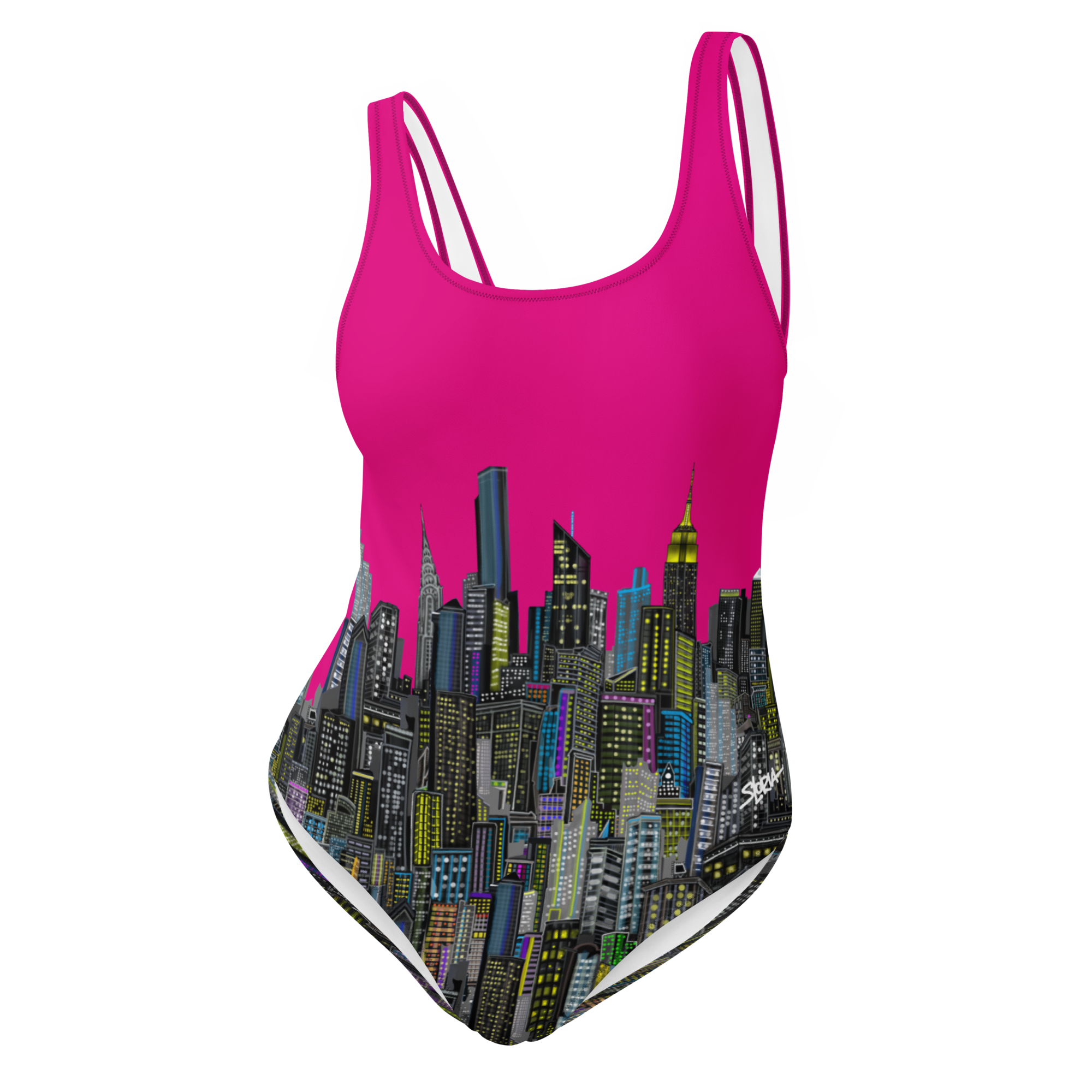 One-piece swimsuit with cityscape Loria NYC Art design on a pink background