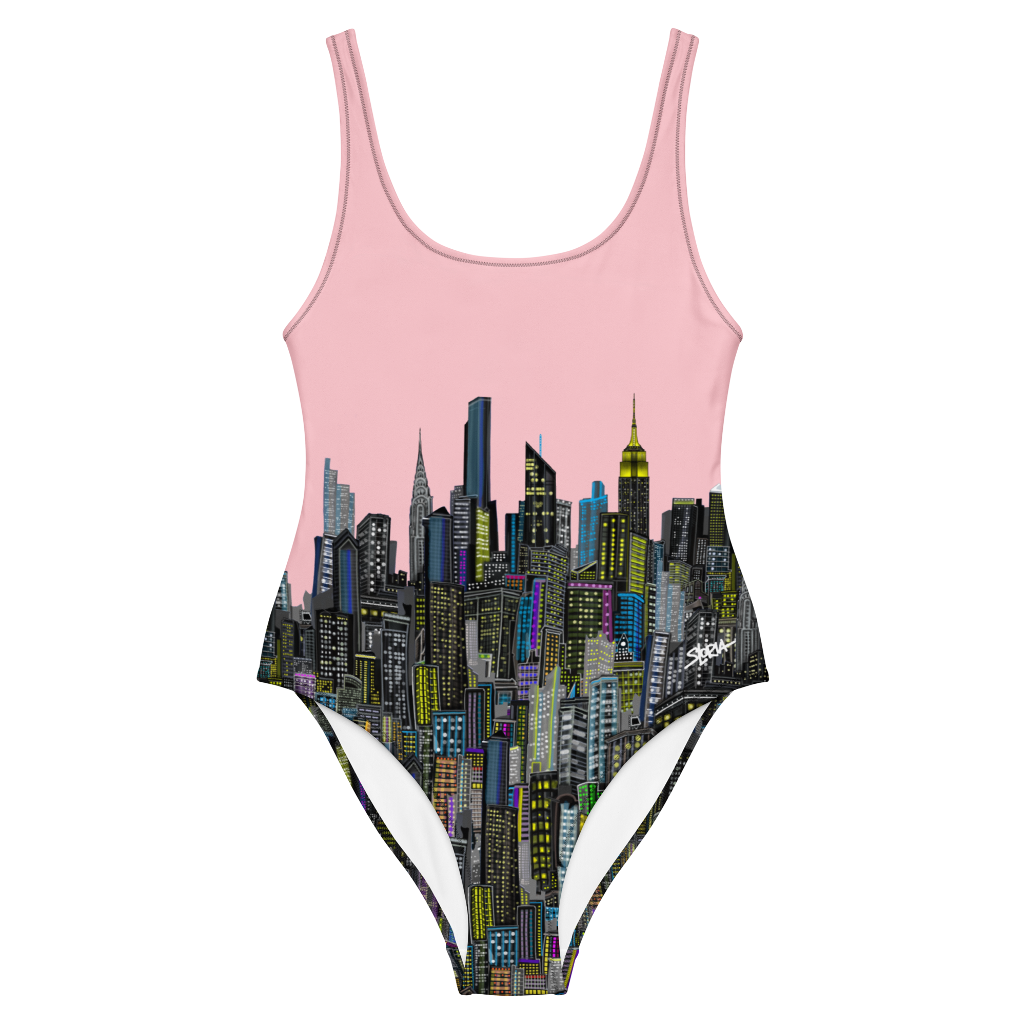 One-piece swimsuit with city Loria NYC Art skyline design on a pink background