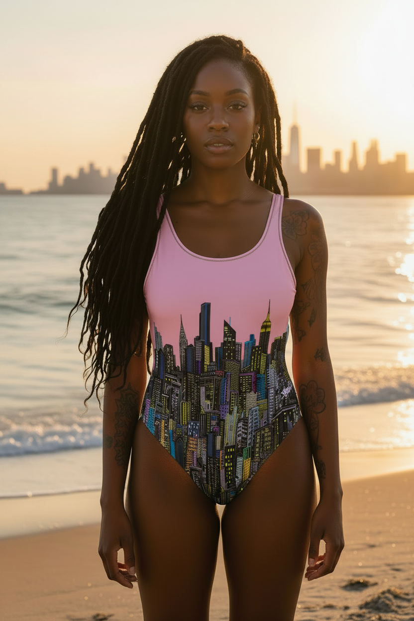 Woman wearing a pink Loria NYC Art swimsuit with a cityscape design on a beach at sunset.