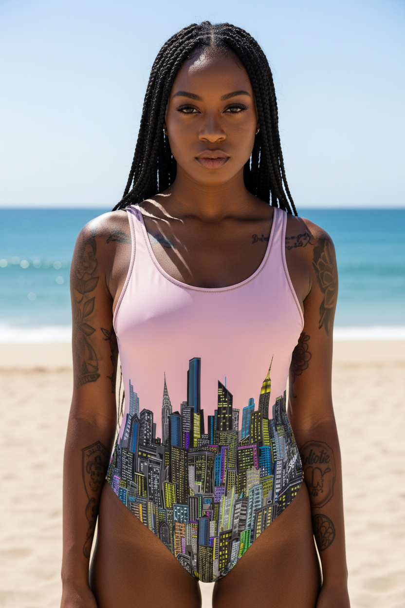 Woman wearing a swimsuit with a cityscape Loria NYC Art design on a beach