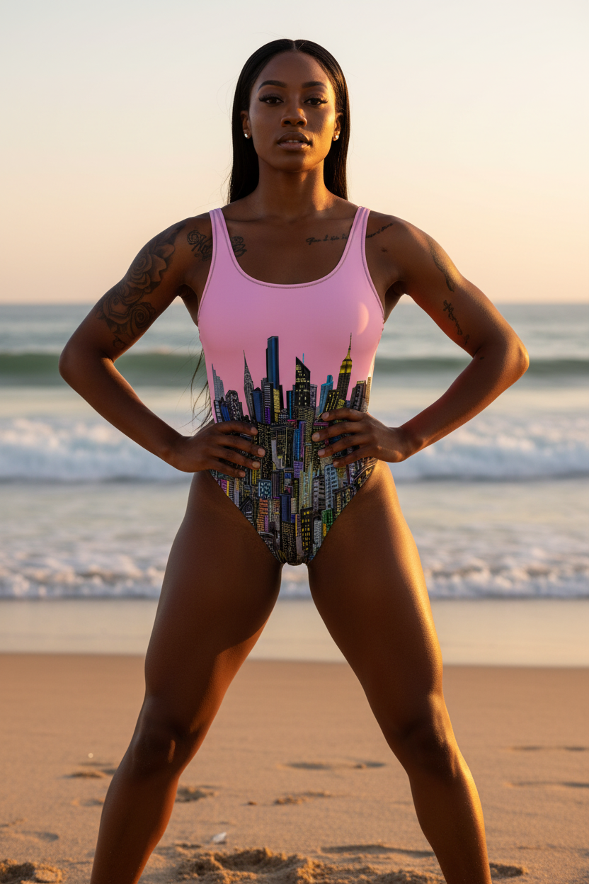 Woman wearing a colorful Loria NYC Art swimsuit with a cityscape design on a beach at sunset.