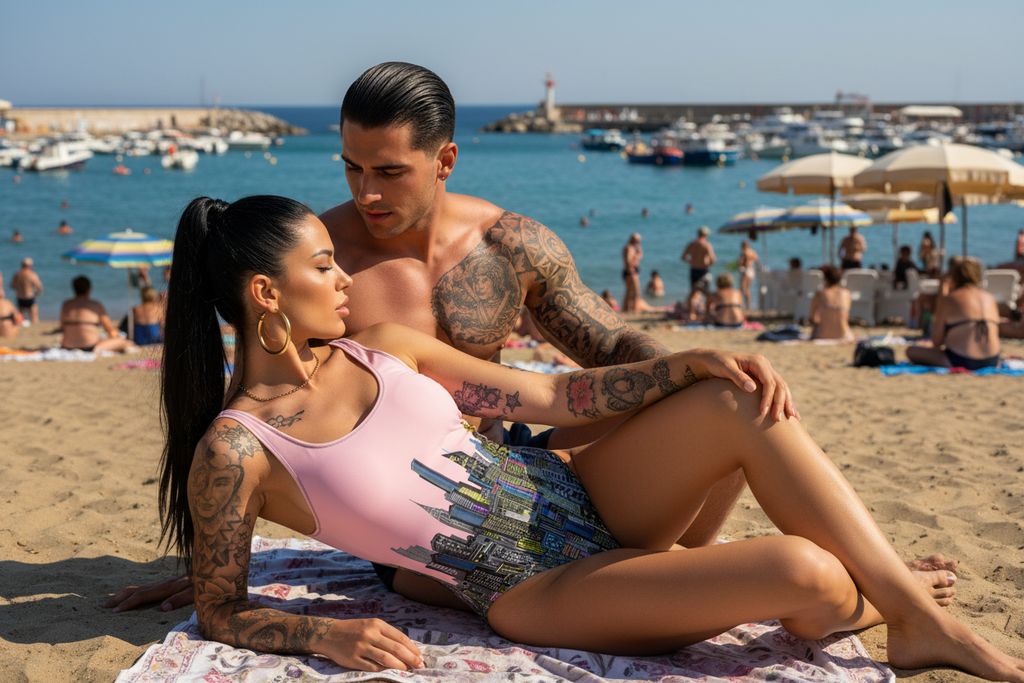 Women wearing a Loria NYC Art pink swim suit sitting on a beach with tattoos visible, surrounded by a marina and people in the background.