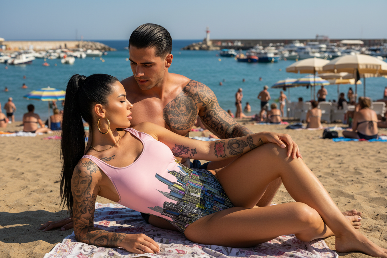 Women wearing a Loria NYC Art pink swim suit sitting on a beach with tattoos visible, surrounded by a marina and people in the background.