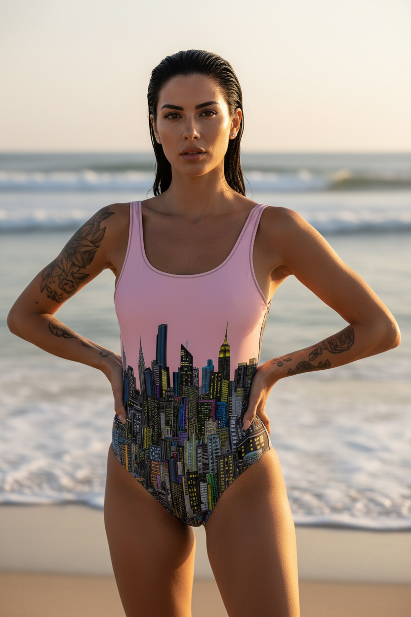 Woman wearing a colorful Loria NYC Art swimsuit with cityscape design on a beach