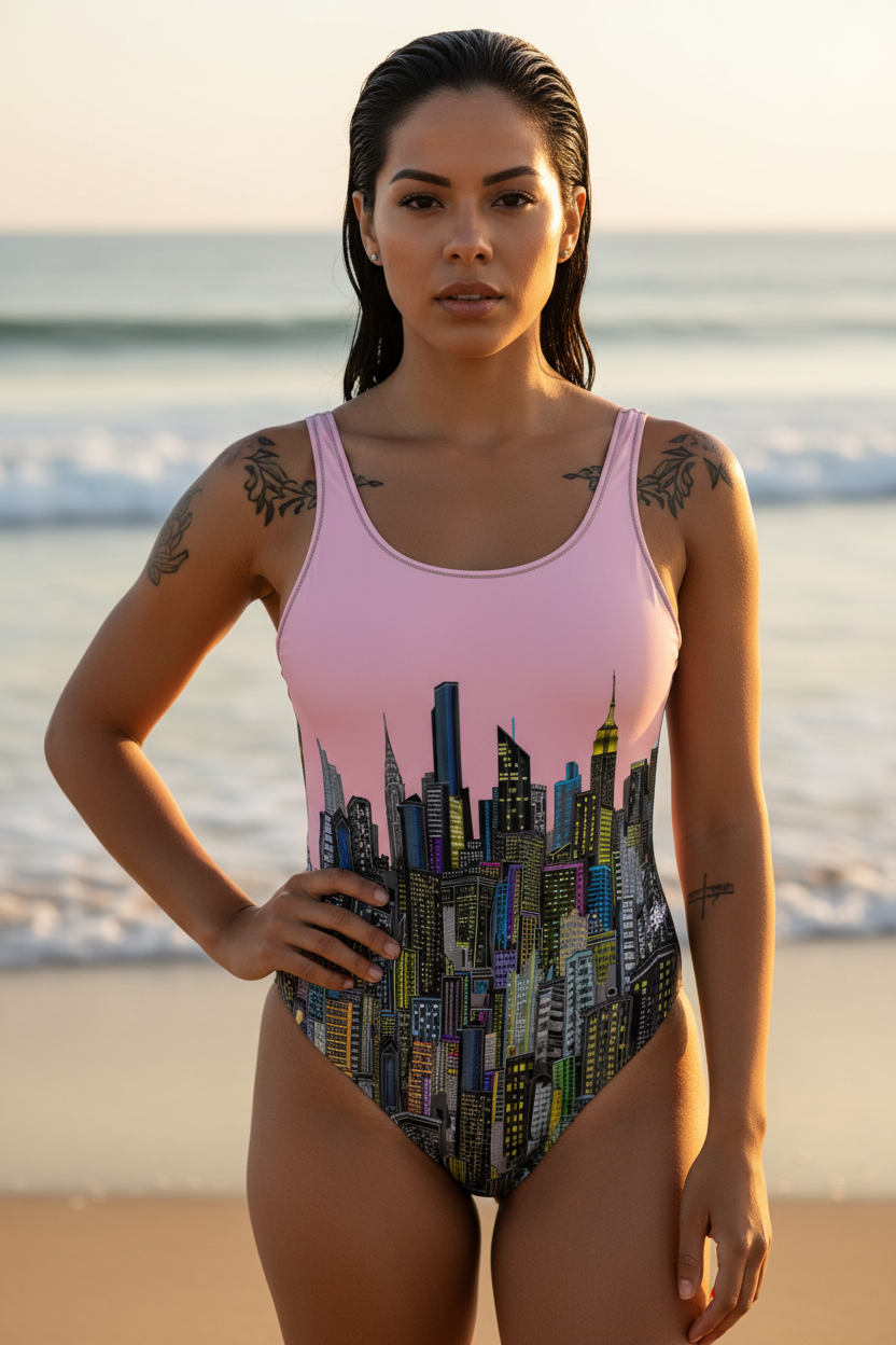 Woman wearing a pink Loria NYC Art swimsuit with cityscape design on a beach