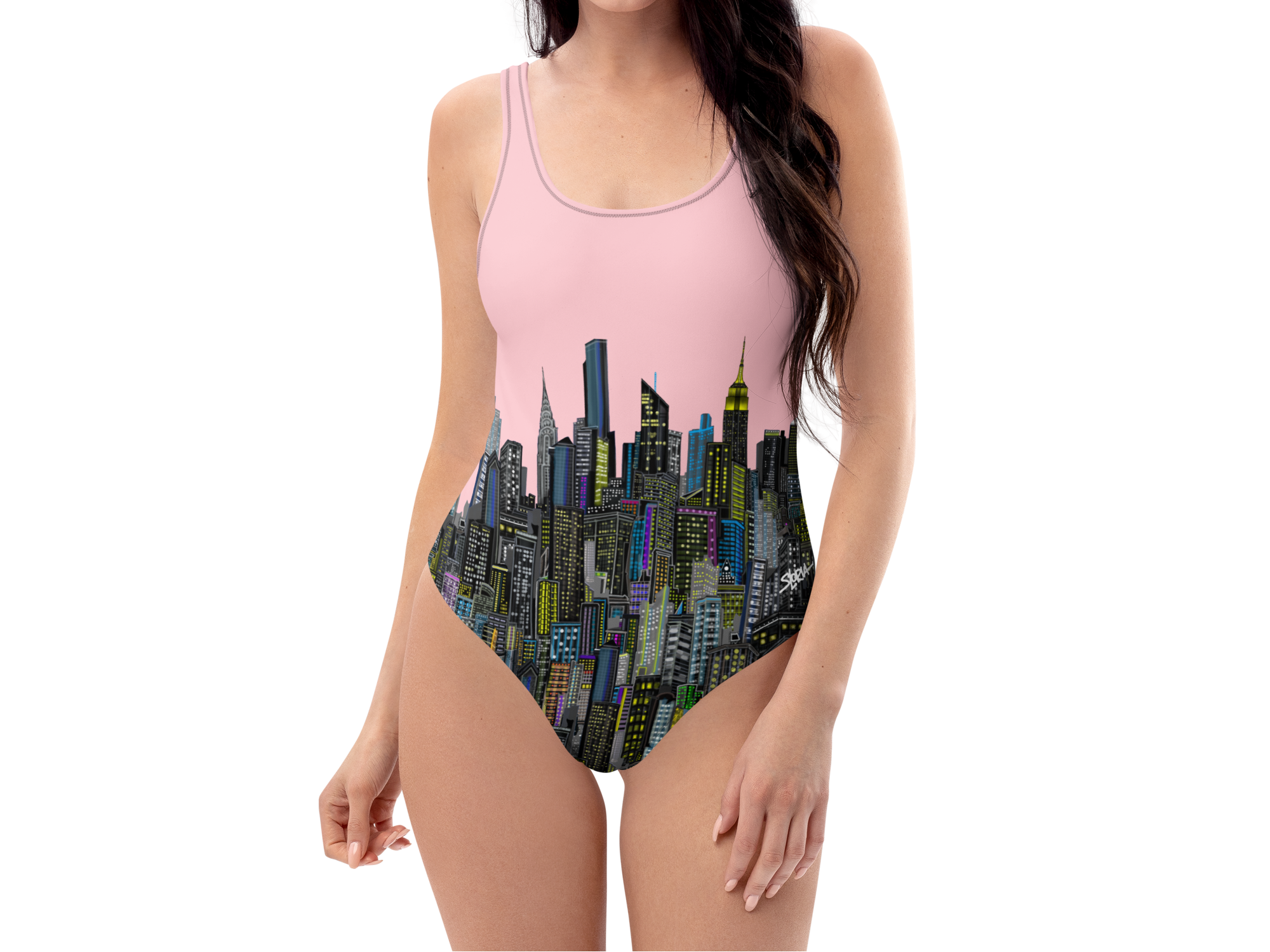 Front of a Woman wearing a one-piece swimsuit with city Loria NYC Art skyline design on a white background