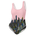 Pink swimsuit with cityscape Loria NYC Art design on a white background