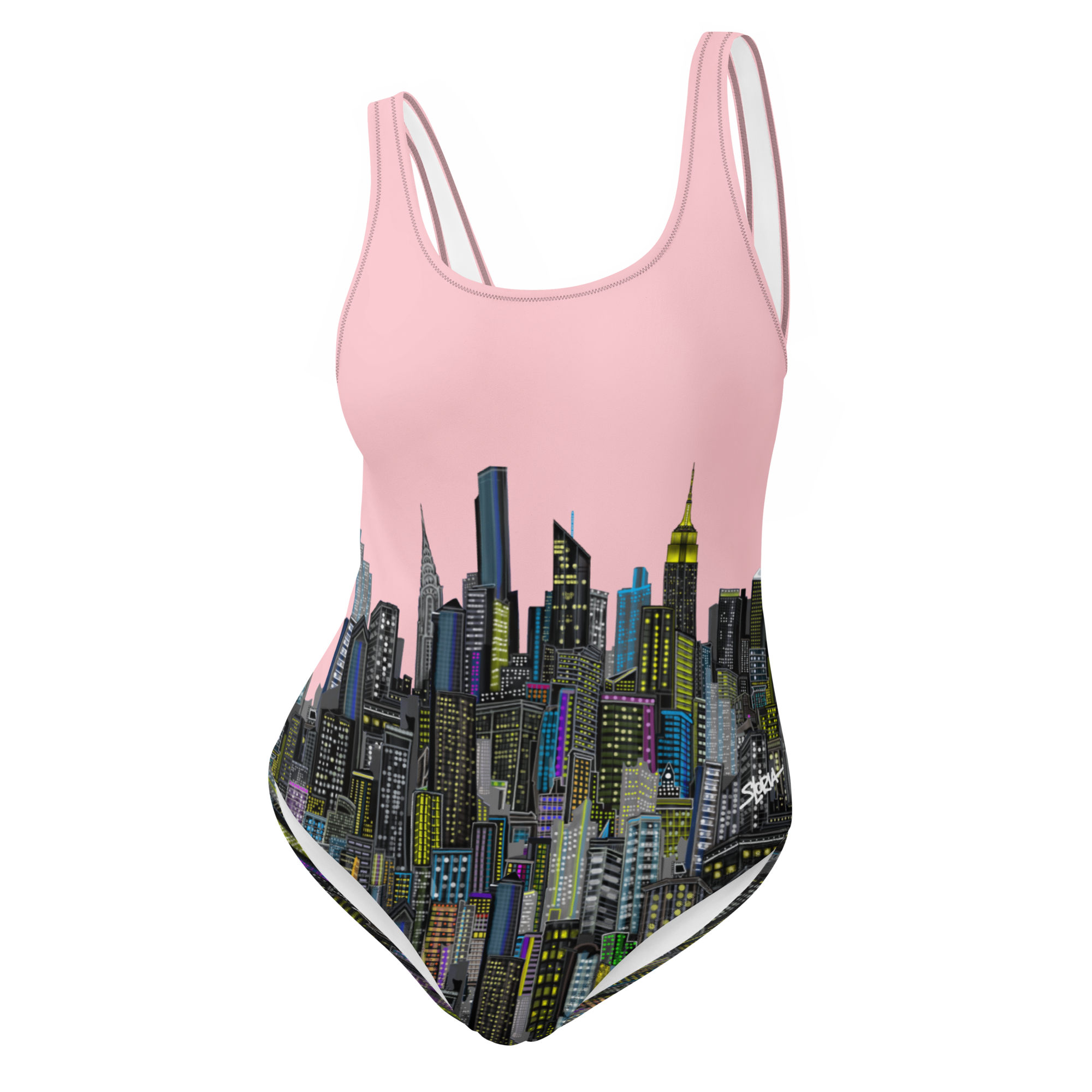 Pink swimsuit with cityscape Loria NYC Art design on a white background