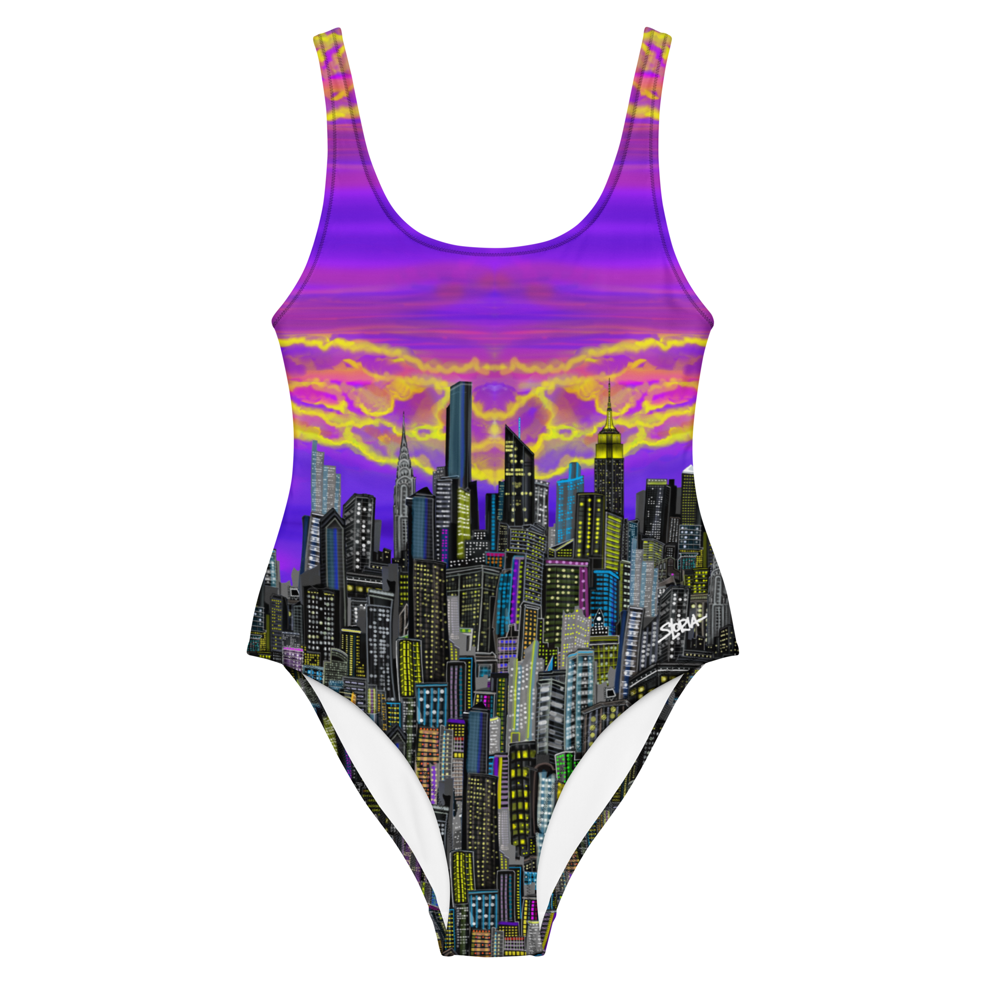 One-piece swimsuit with colorful cityscape Loria NYC Art design on a white background