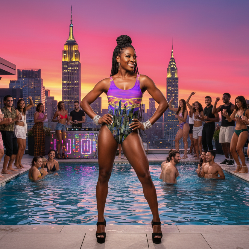 Woman posing in a colorful Loria NYC Art swimsuit by a pool with a city skyline and sunset in the background
