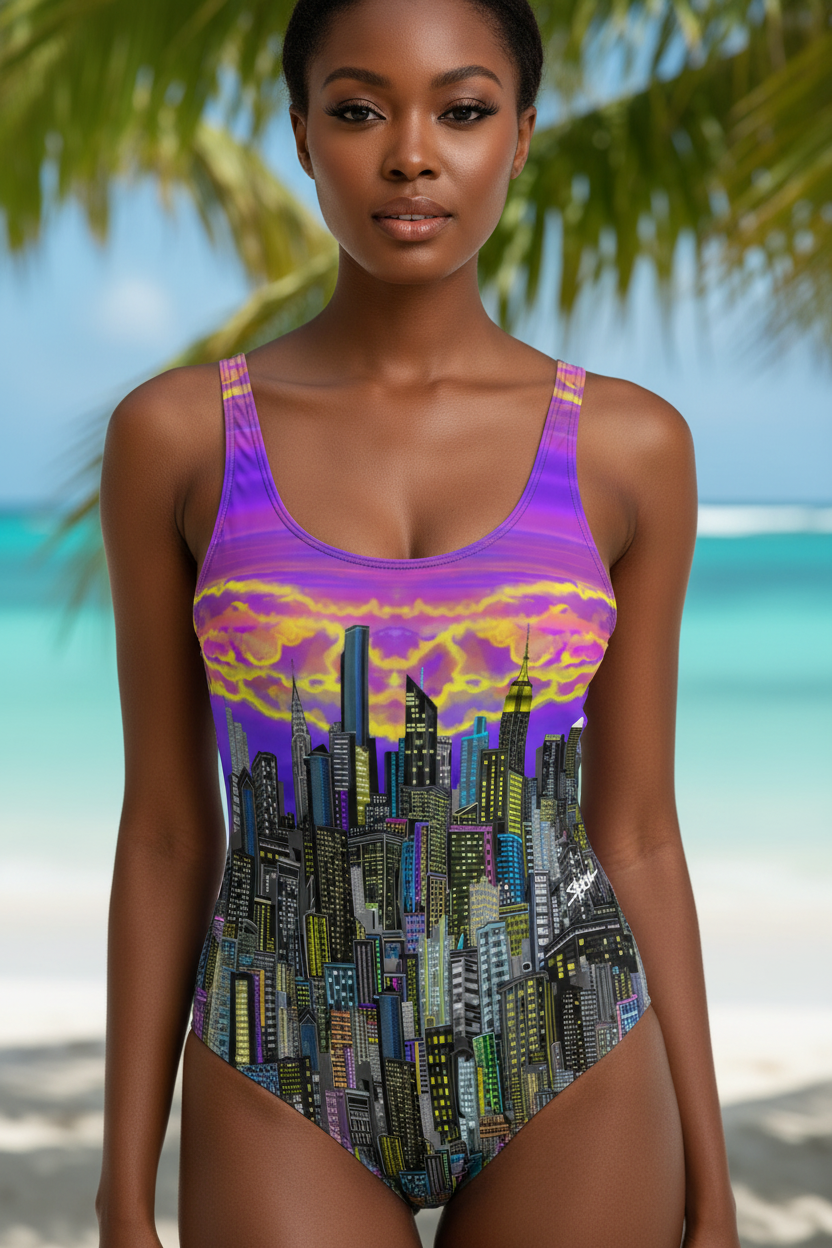 Woman wearing a colorful Loria NYC Art swimsuit with a cityscape design on a beach.