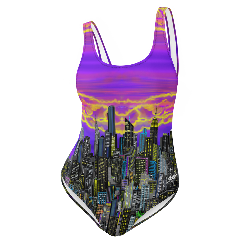 One-piece swimsuit with cityscape Loria NYC Art design and purple sky on a white background