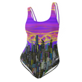 One-piece swimsuit with cityscape Loria NYC Art design and purple sky on a white background