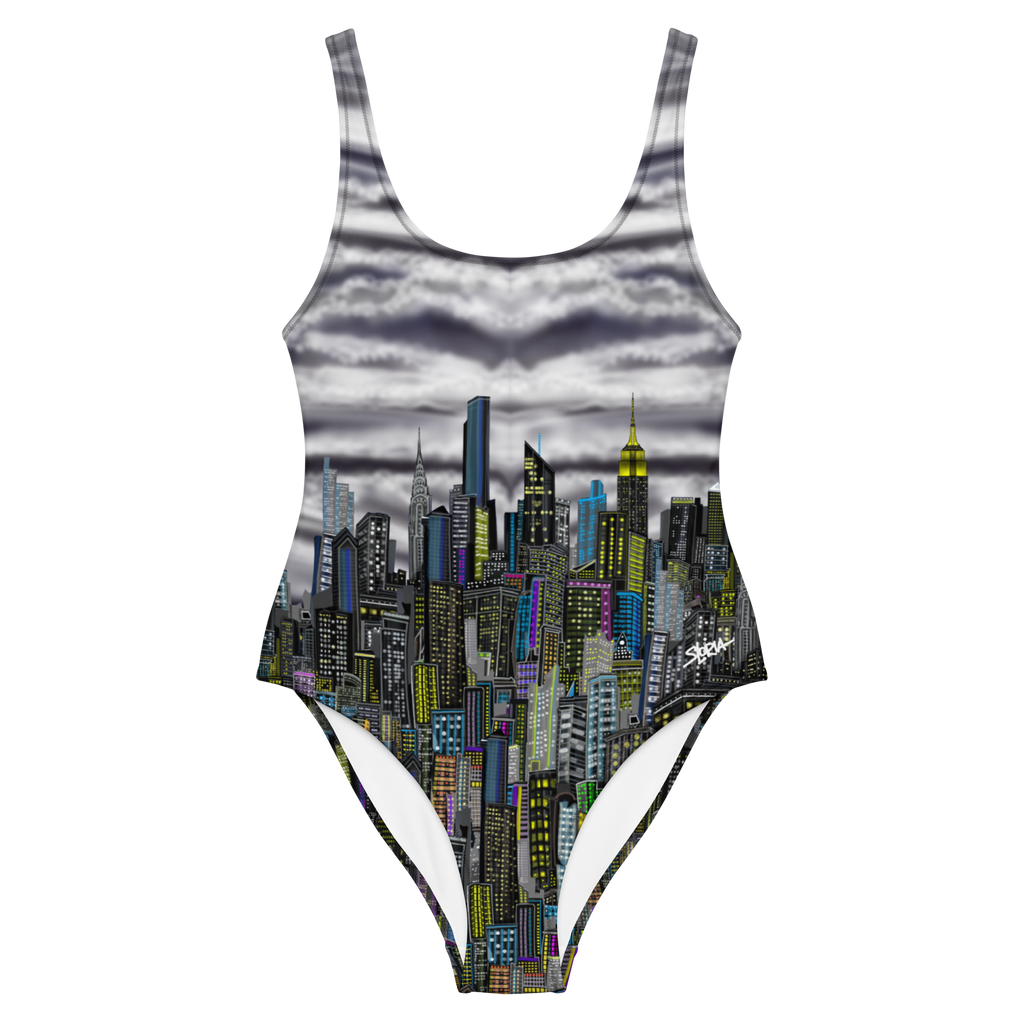 One-piece swimsuit with Loria NYC Art city skyline design on a white background