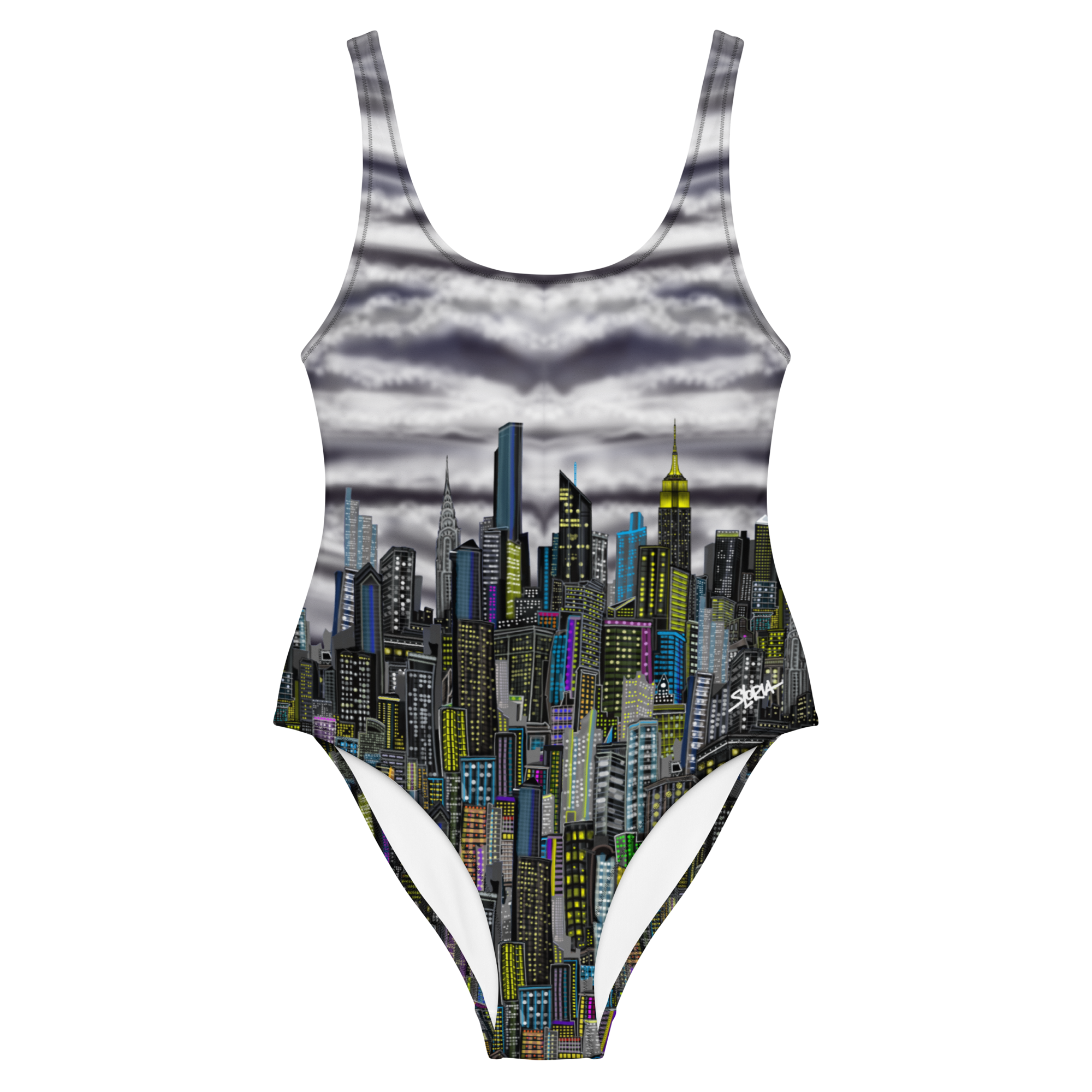 One-piece swimsuit with Loria NYC Art city skyline design on a white background