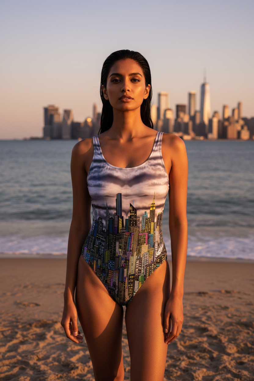 Woman in a Loria NYC Art swimsuit with a cityscape design on a beach with a city skyline in the background