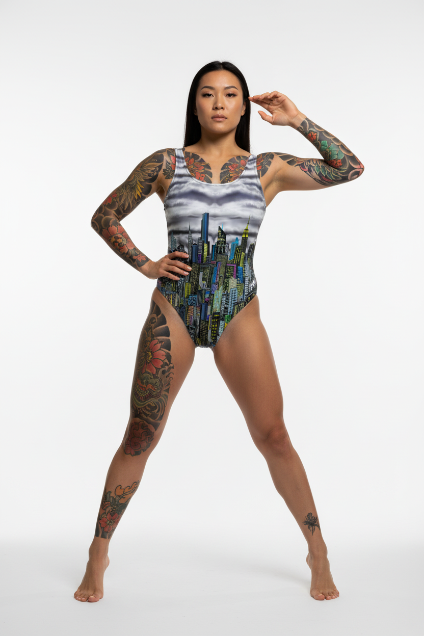 Model wearing a colorful Loria NYC Artcityscape swimsuit on a white background