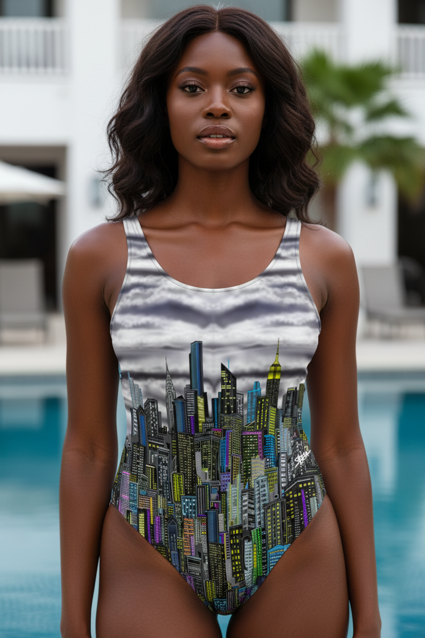 Woman wearing a swimsuit with Loria NYC Art cityscape design by a pool
