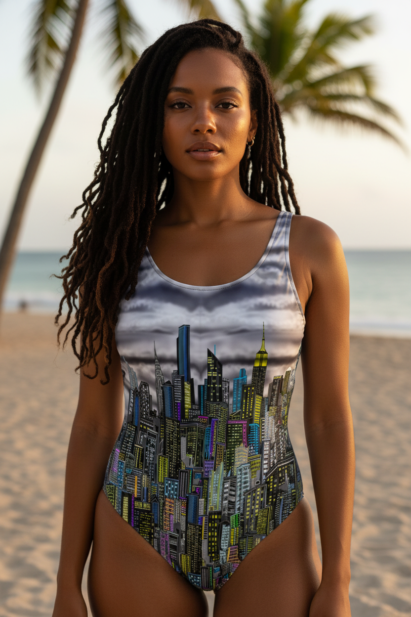 Woman wearing a swimsuit with a cityscape Loria NYC Art design on a beach