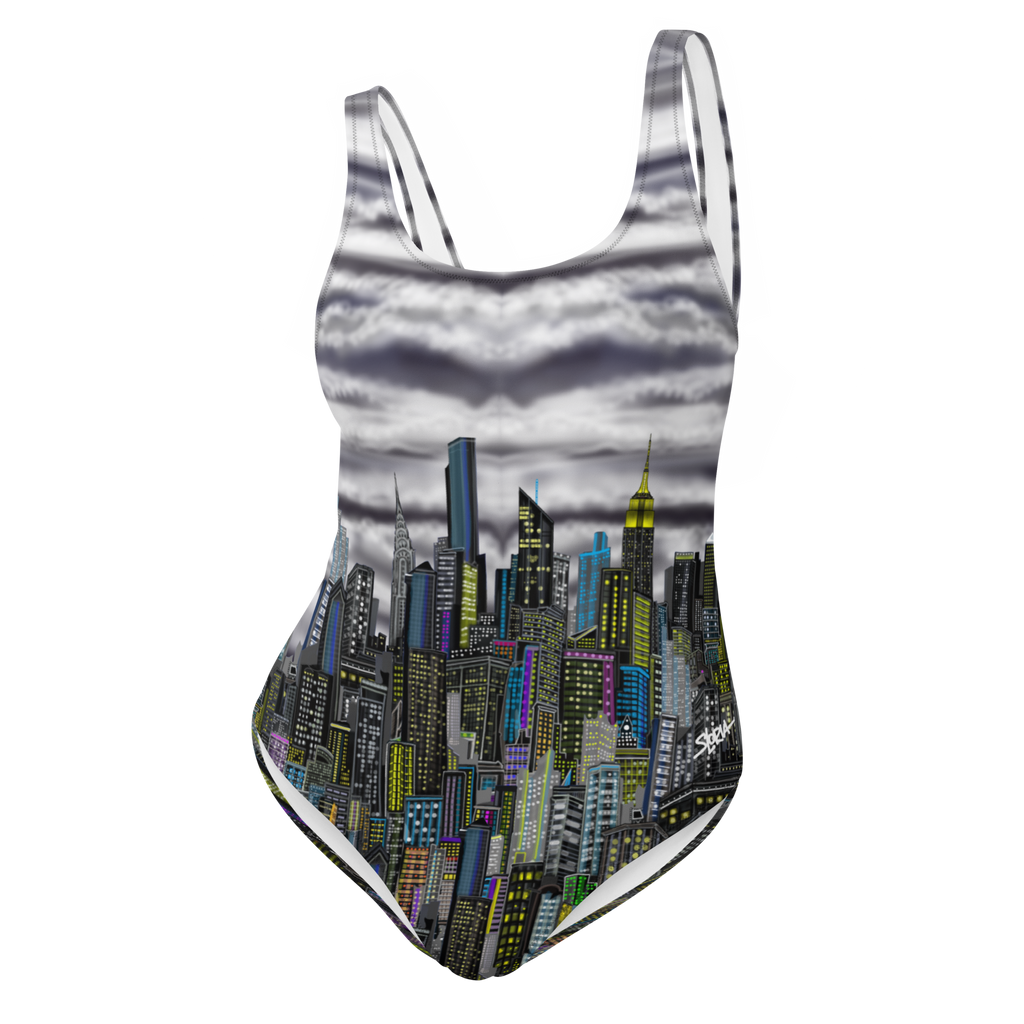 One-piece swimsuit with city skyline Loria NYC Art design on a white background