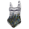 One-piece swimsuit with city skyline Loria NYC Art design on a white background