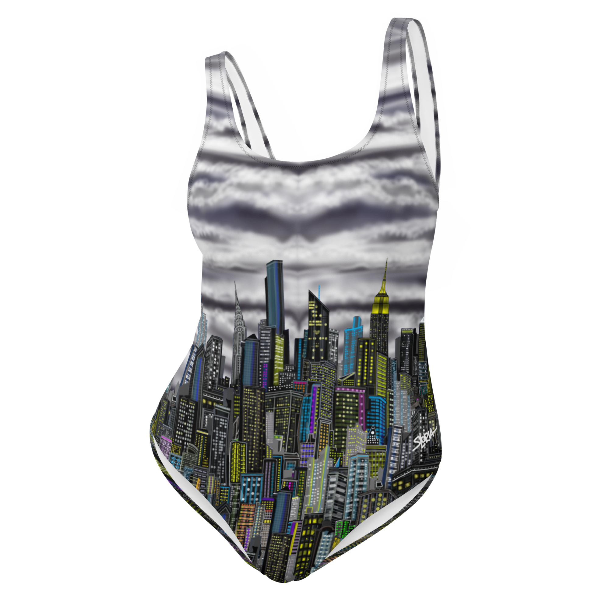 One-piece swimsuit with city skyline Loria NYC Art design on a white background