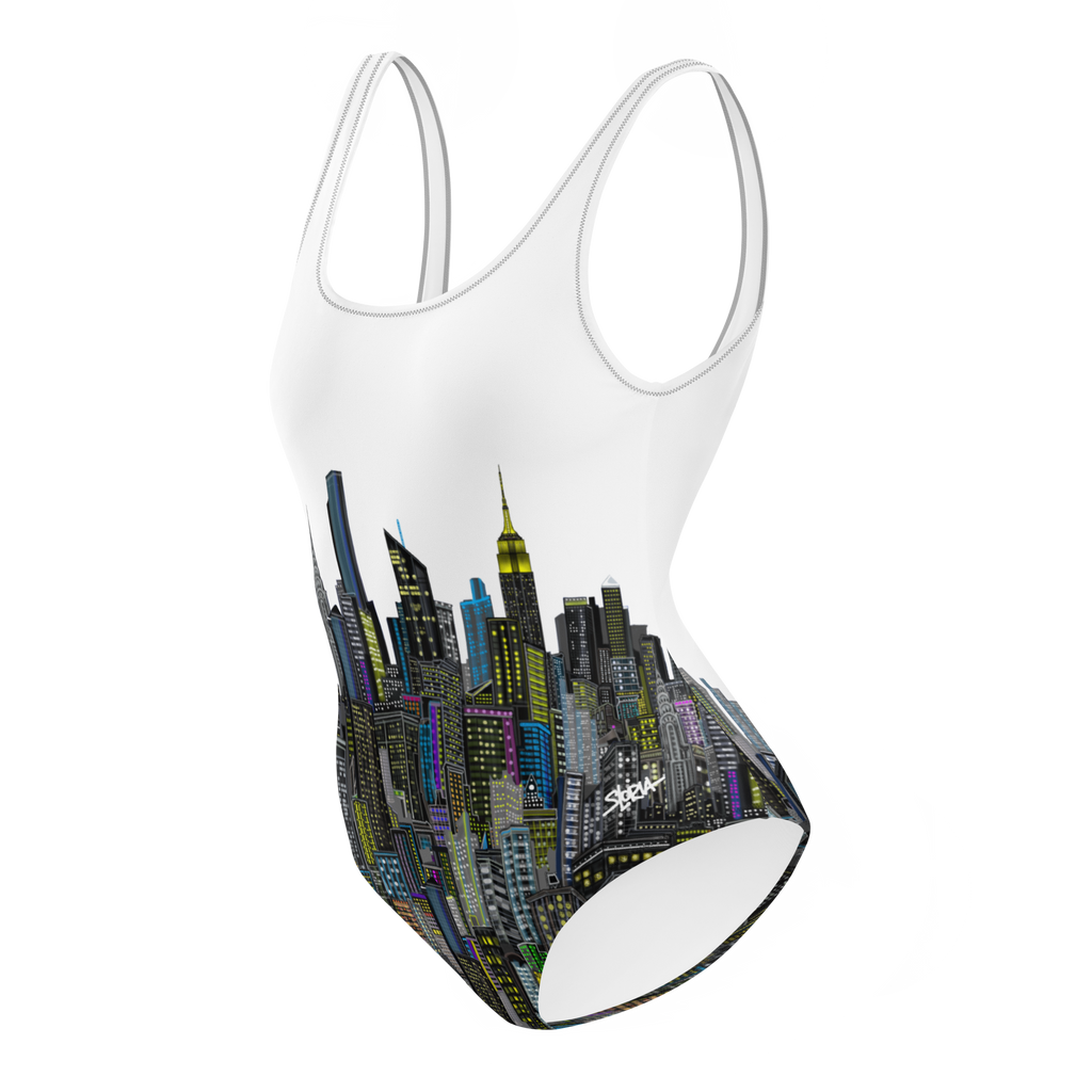 One-piece swimsuit with  Loria NYC Art cityscape design on a white background