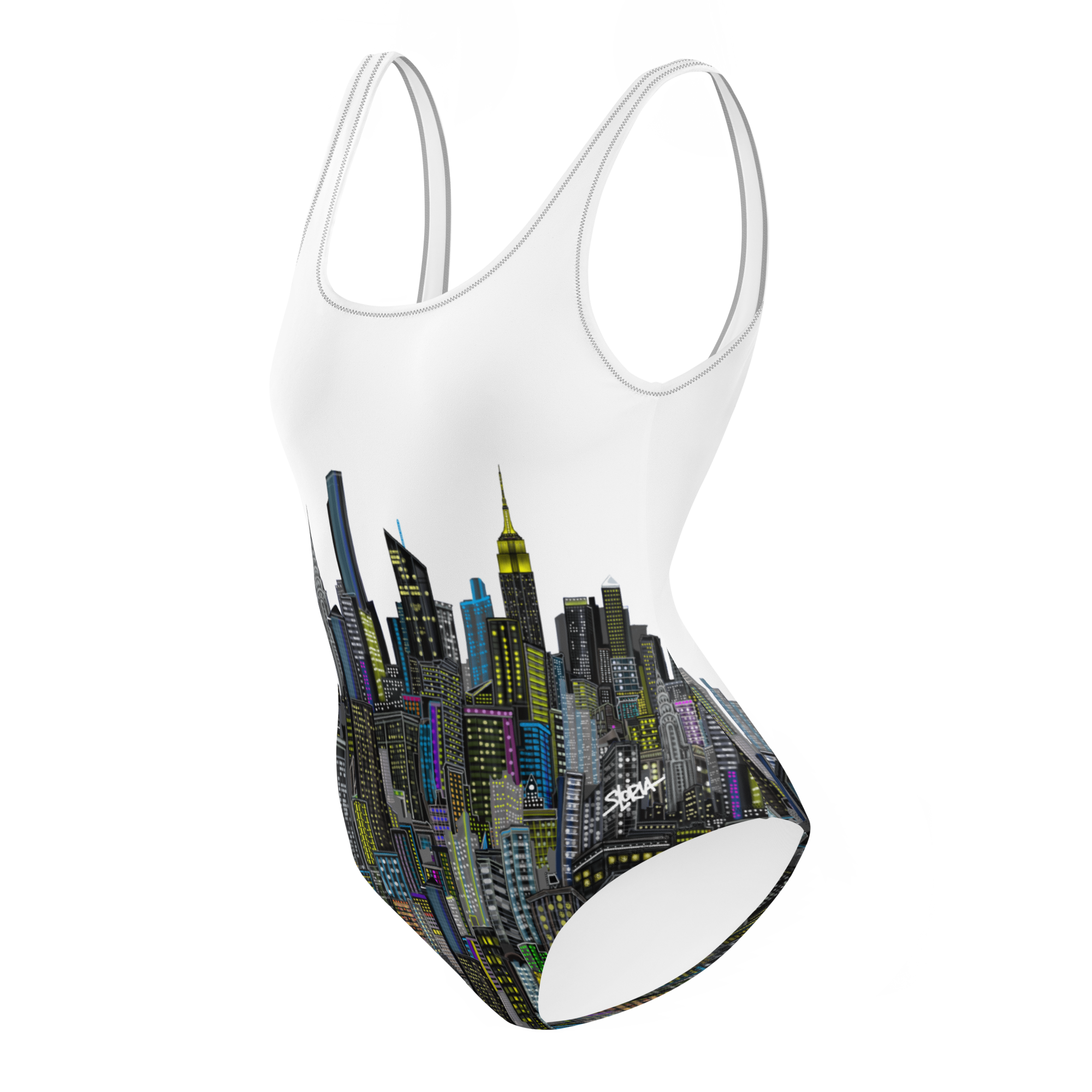 One-piece swimsuit with  Loria NYC Art cityscape design on a white background