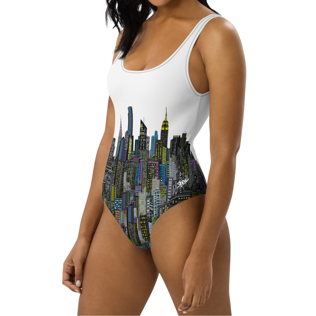 Woman wearing a white one-piece swimsuit with cityscape  Loria NYC Art design on a white background