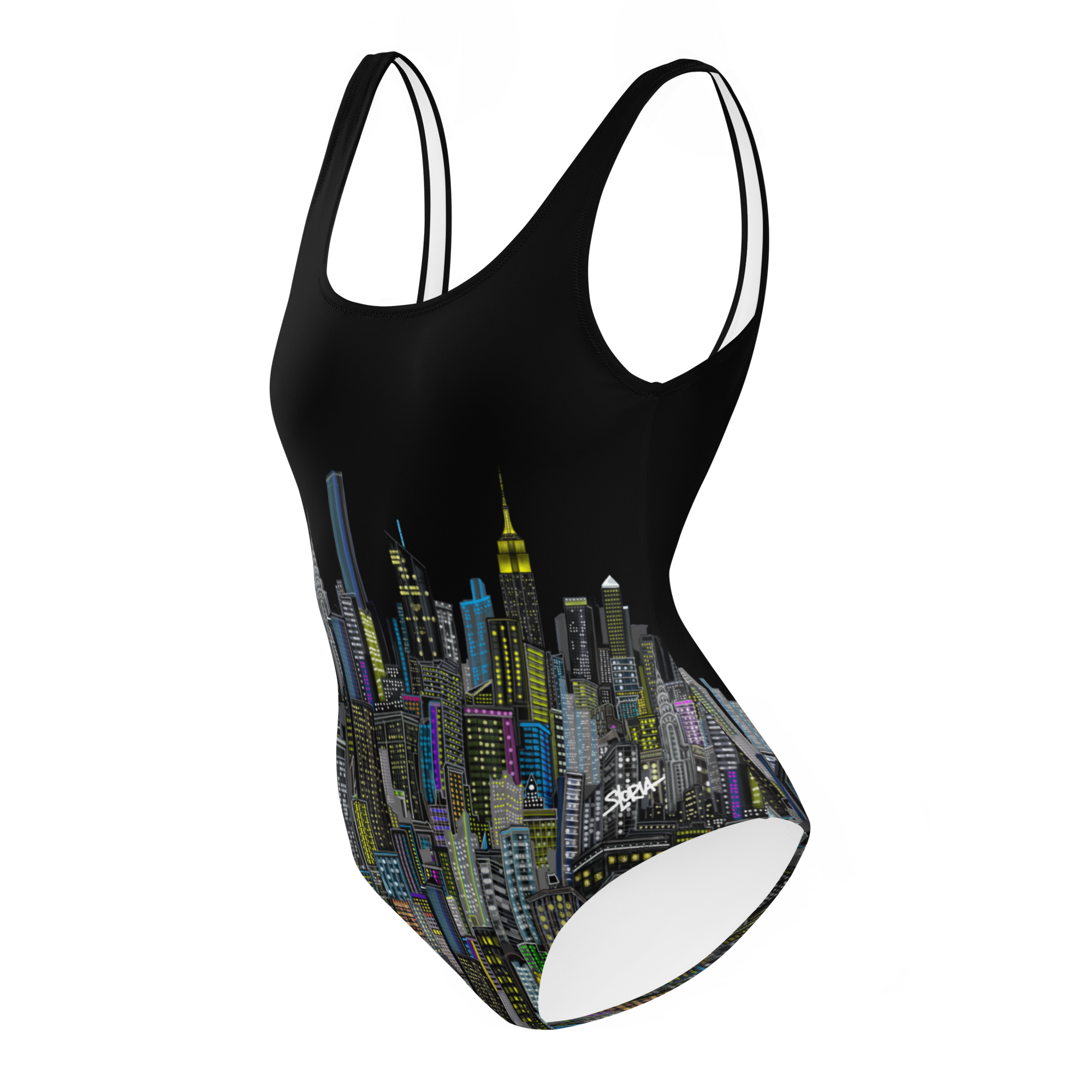 Side of a Black swimsuit with Loria NYC Art cityscape design on a white background