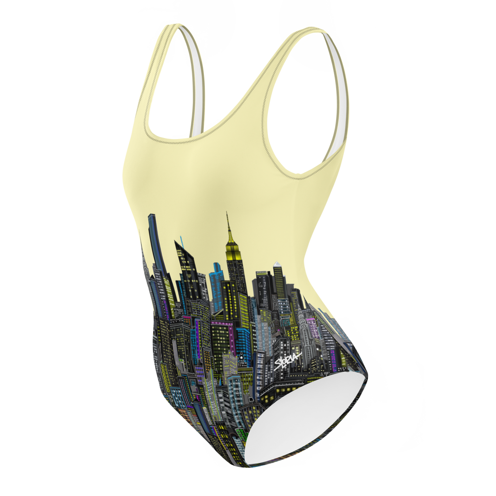 Yellow swimsuit with cityscape Loria NYC Art design on a white background
