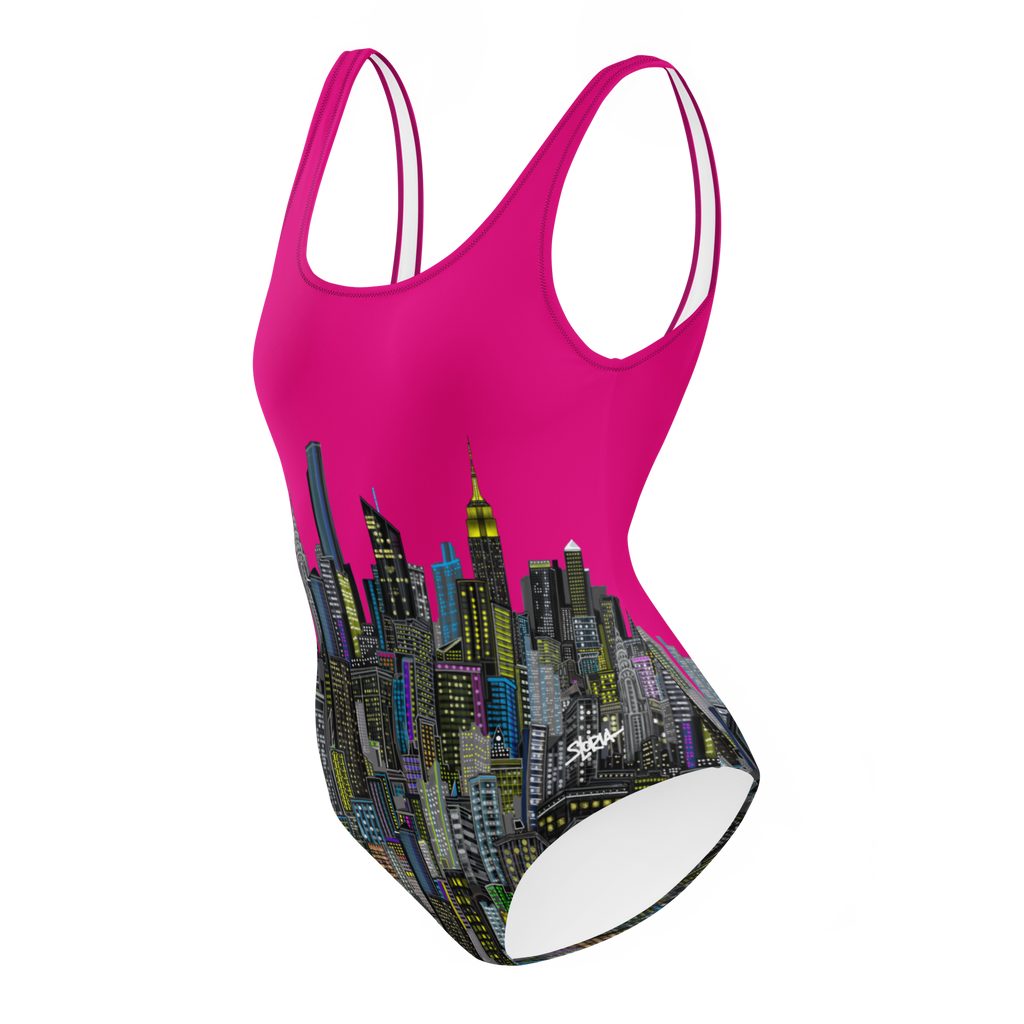 Fuchsia swimsuit with cityscape Loria NYC Art design on a white background