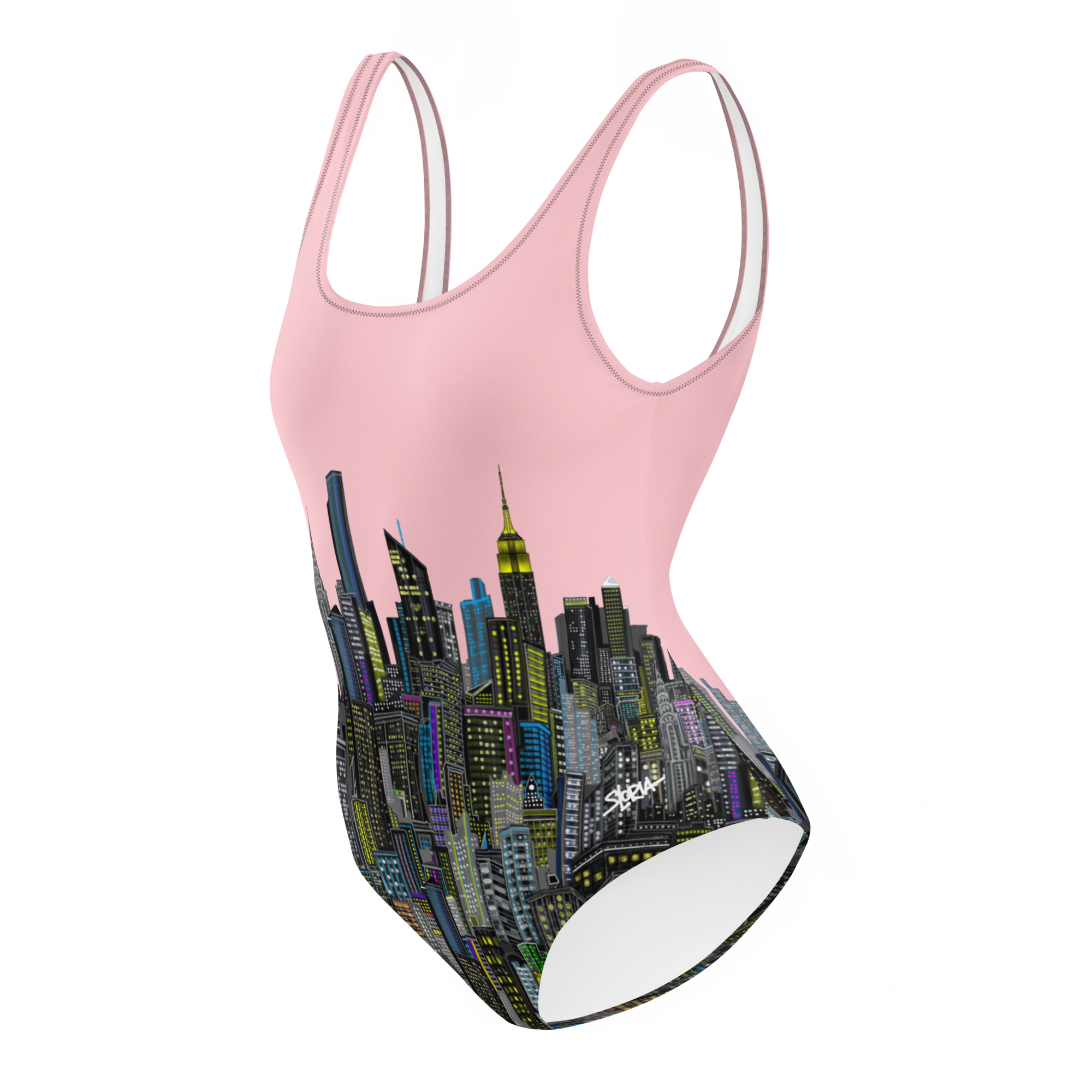 Pink swimsuit with Loria NYC Art cityscape design on a white background