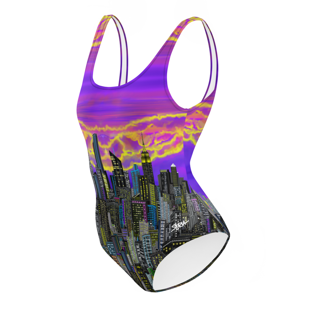 One-piece swimsuit with cityscape Loria NYC Art design and colorful sky on a white background