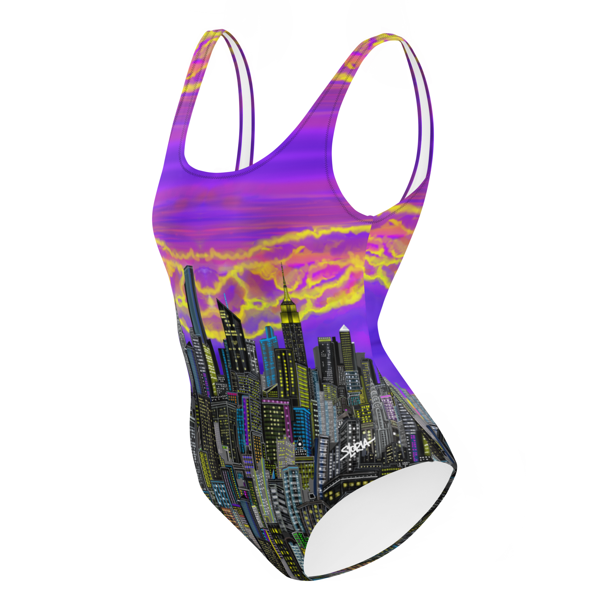 One-piece swimsuit with cityscape Loria NYC Art design and colorful sky on a white background