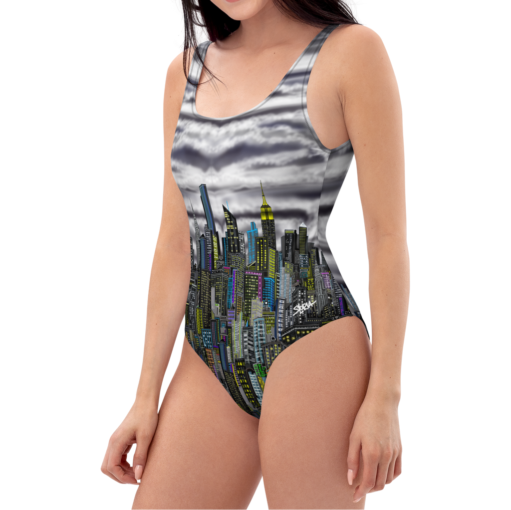 Woman wearing a one-piece swimsuit with city skyline Loria NYC Art design on a white background