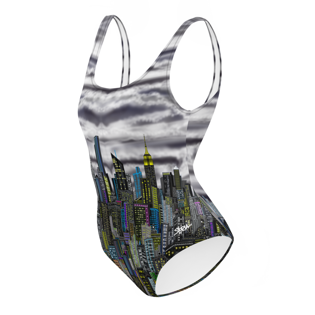 One-piece swimsuit with cityscape Loria NYC Art design on a white background