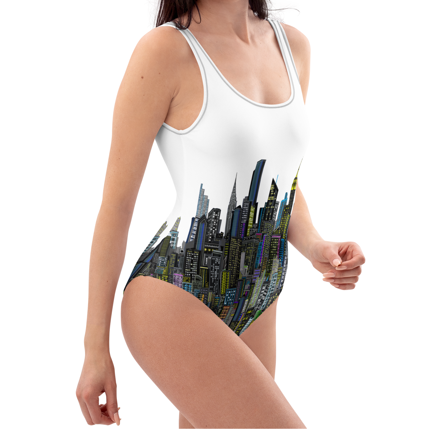 Woman wearing a white one-piece swimsuit with a city skyline Loria NYC Art design on a white background