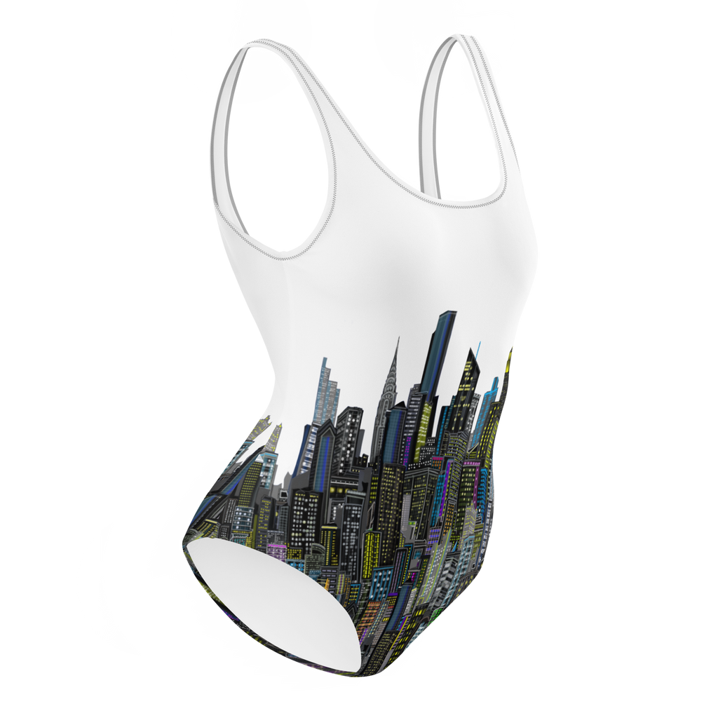 One-piece swimsuit with city Loria NYC Art skyline design on a white background