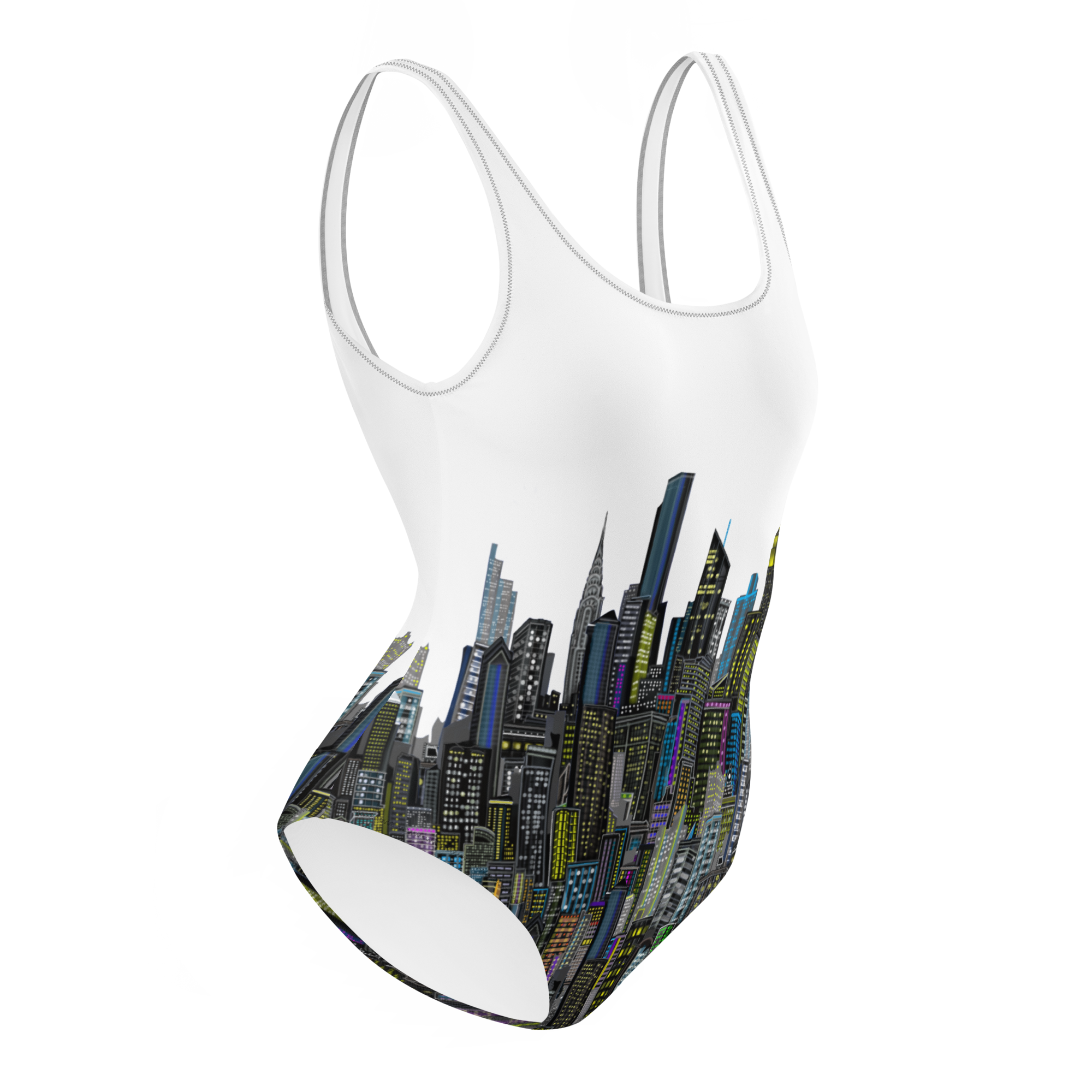 One-piece swimsuit with city Loria NYC Art skyline design on a white background