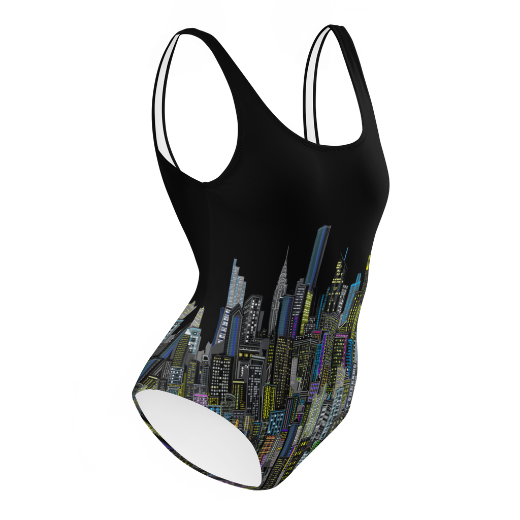 Black swimsuit with Loria NYC Art cityscape design on a white background