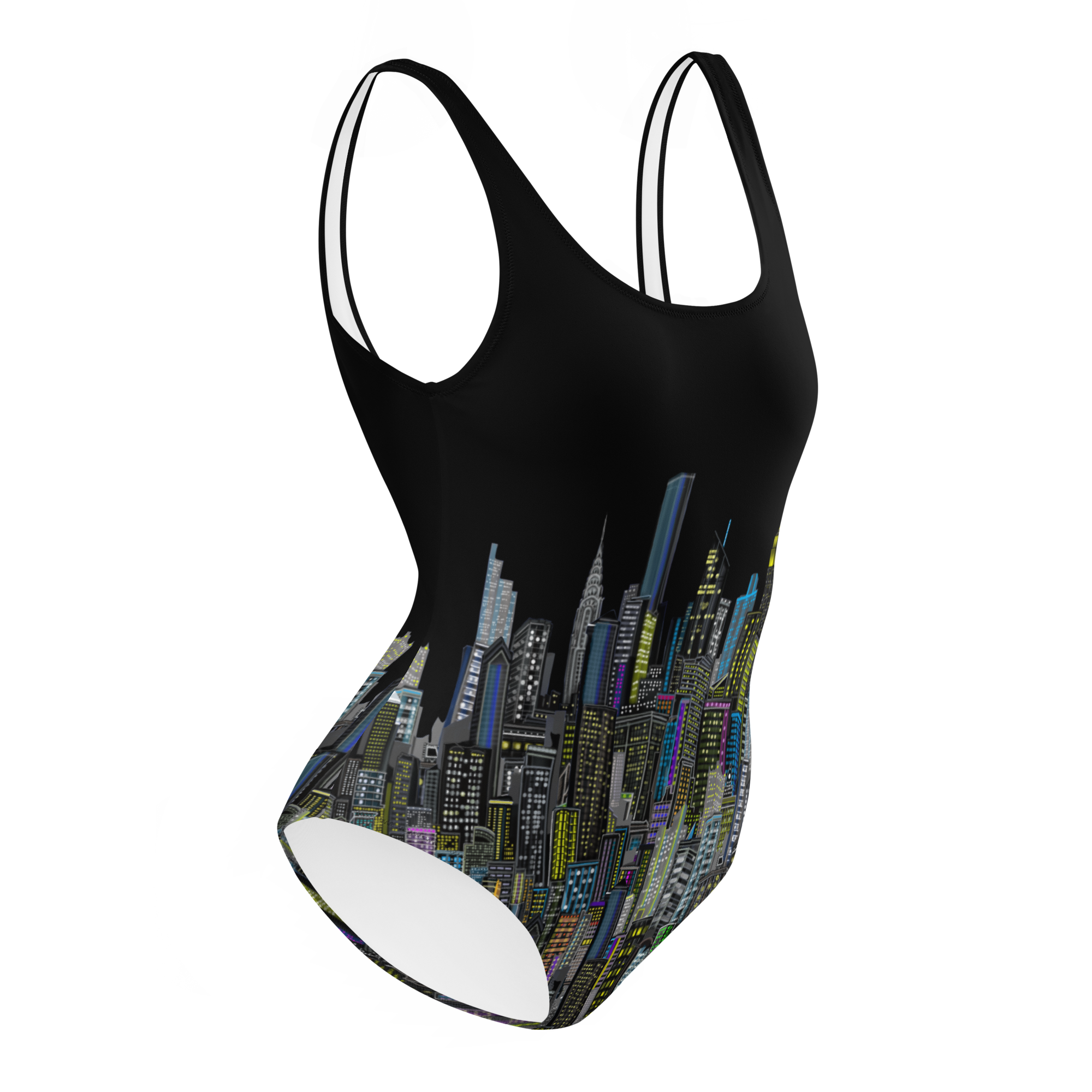 Black swimsuit with Loria NYC Art cityscape design on a white background