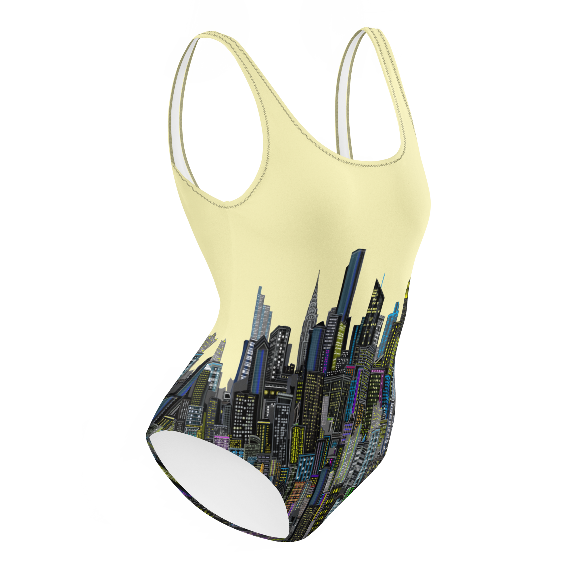 One-piece swimsuit with city skyline Loria NYC Art design on a white background