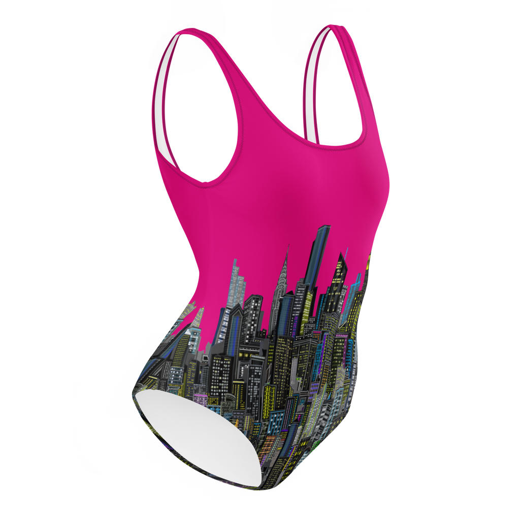 Pink swimsuit with cityscape Loria NYC Art design on a white background