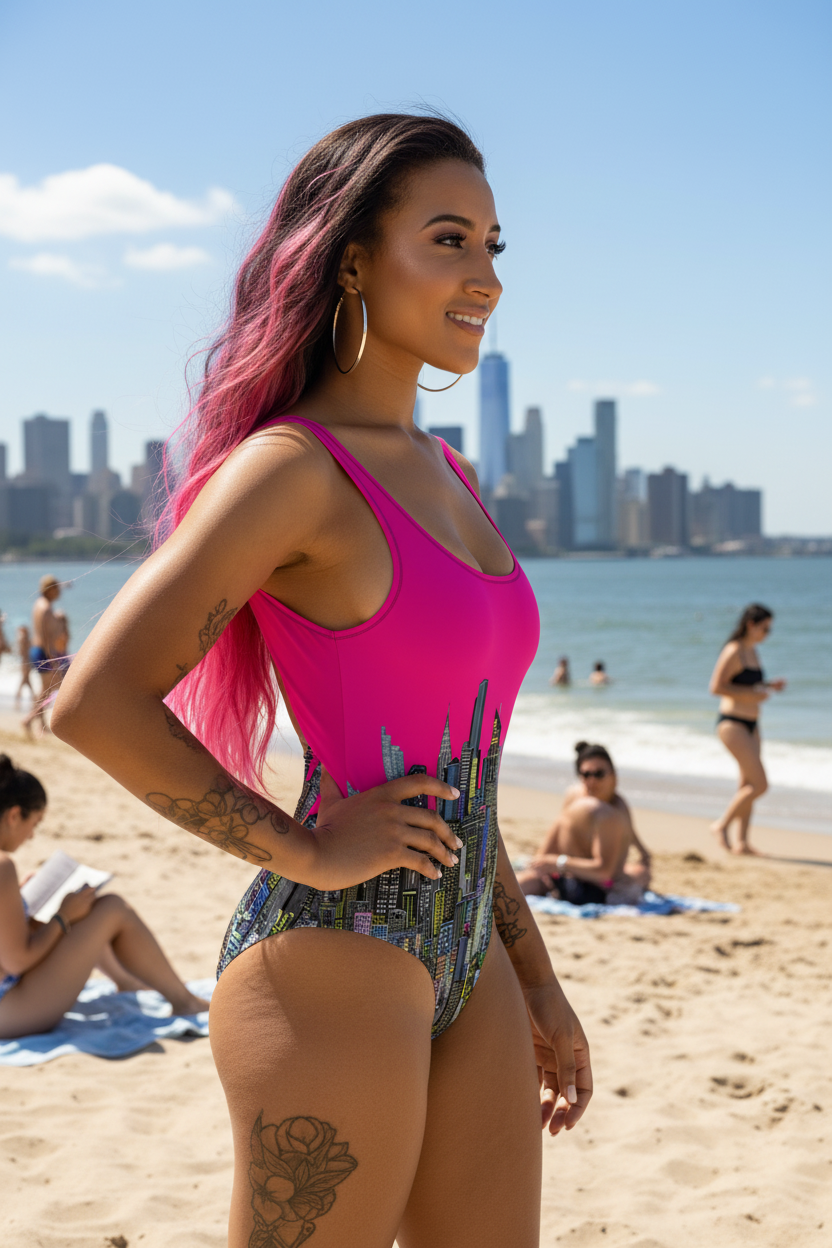 Woman wearing a pink one-piece swimsuit with cityscape Loria NYC Art design on a beach background