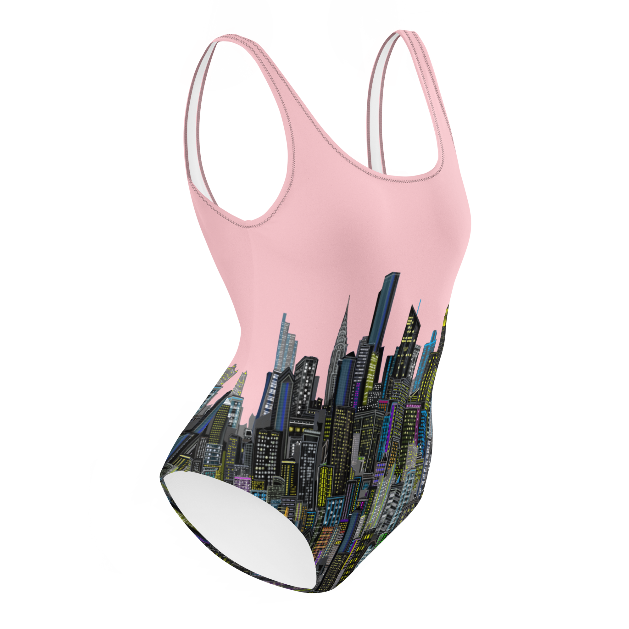Pink swimsuit with cityscape Loria NYC Art design on a white background